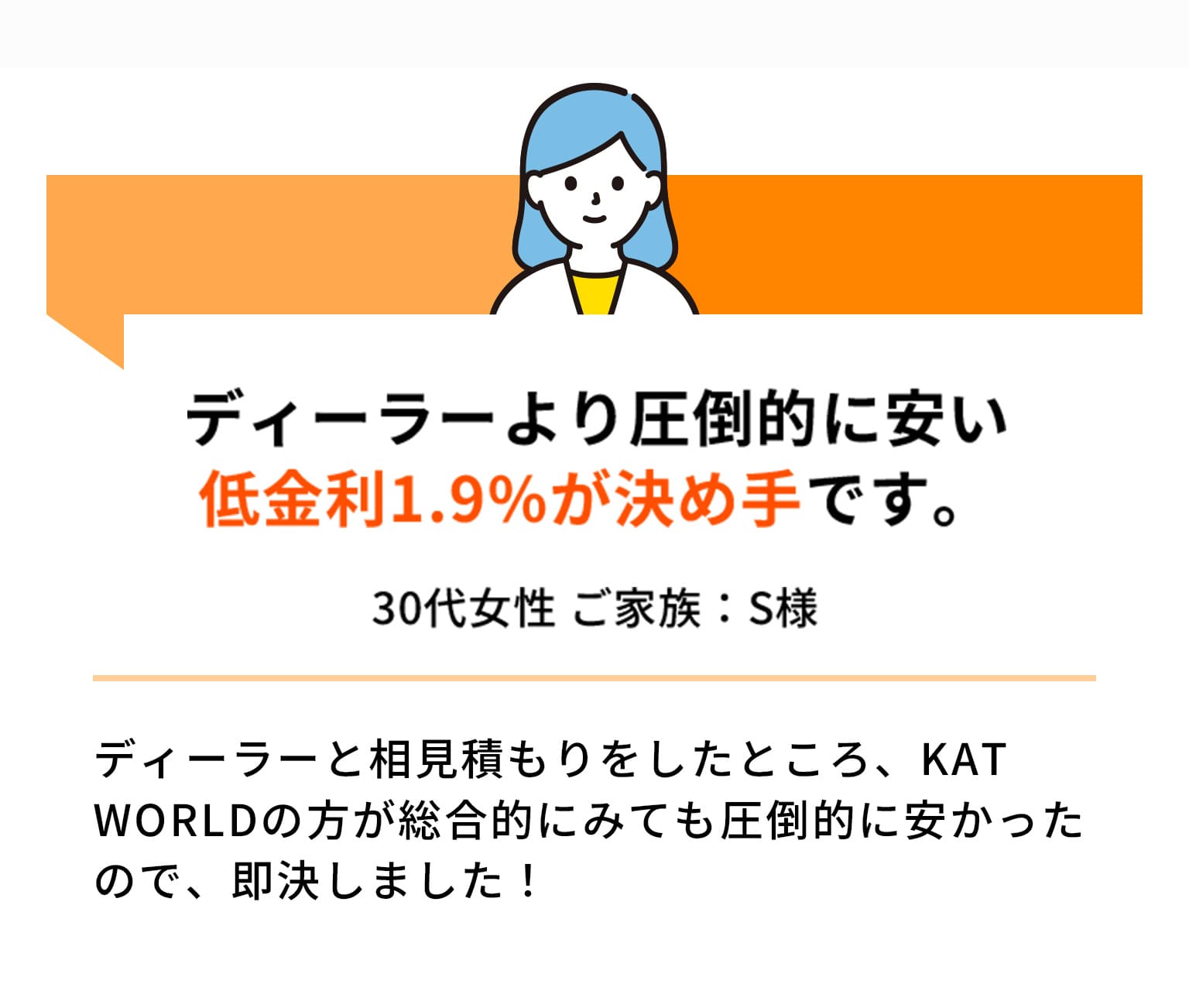 ディーラーより圧倒的に安い 低金利1.9%が決め手です。 30代女性 ご家族：S様 ディーラーと相見積もりをしたところ、KAT WORLDさんの方が総合的にみても圧倒的に安かったので、即決しました！
